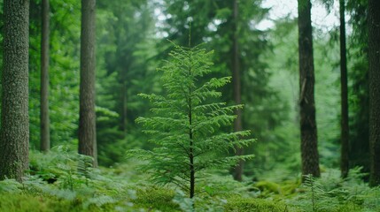 Carbon neutral sustainability and reduction. A small tree stands out among tall trees in a lush, green forest setting.