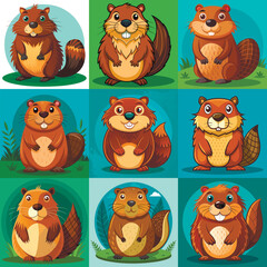 Funny Beaver Character in Different Actions Big Vector Set flat cartoon design illustration