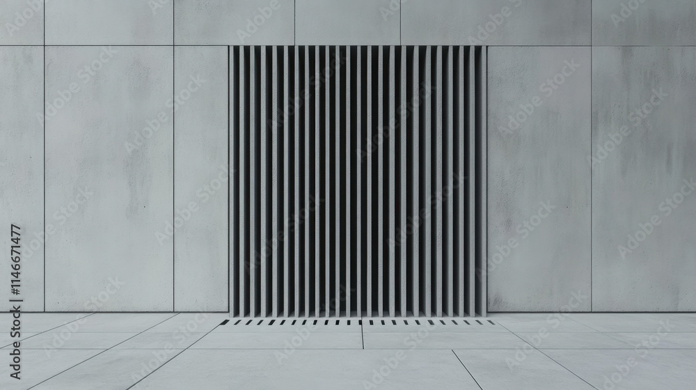 Poster a minimalist gray wall features vertical slats, creating a striking geometric pattern and a sense of