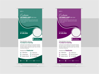 Unique, Clean Real State Roll-Up Banner Design template. Home Sale Real Estate roll up banner. Modern & luxury property, home, or house sale advertising posts. Promote your brand. Editable design.