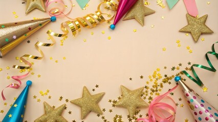 Obraz premium A festive New Year's Eve scene various party decorations scattered across light background