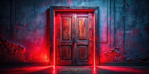 An aged wooden door set in a weathered wall, bathed in an ethereal red glow, hinting at an unknown destination beyond.