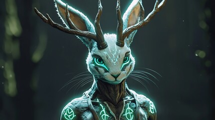 Obraz premium Mystical Rabbit-Deer Hybrid with Glowing Antlers and Markings in 3D Rendering