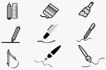 Set of Artistic and Design Tools Icons Including Brushes, Pencils, and Rulers on Transparent Background