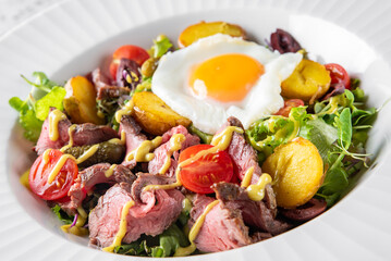 A vibrant salad featuring tender slices of beef, cherry tomatoes, crispy potatoes, and fresh greens, topped with a perfectly poached egg and a drizzle of mustard dressing.