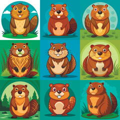 Funny Beaver Character in Different Actions Big Vector Set flat cartoon design illustration