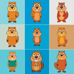 Funny Beaver Character in Different Actions Big Vector Set flat cartoon design illustration