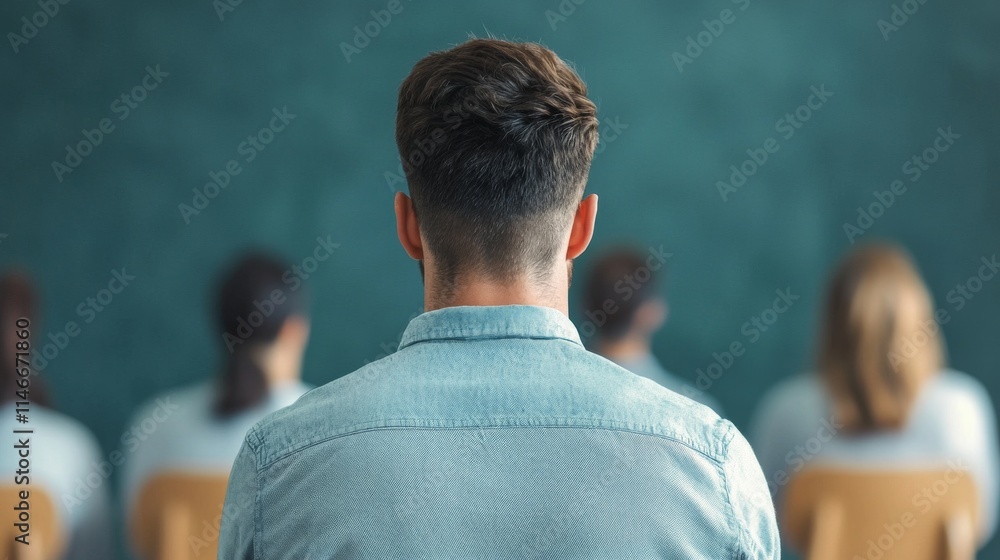 Poster a young man sits in a classroom, facing a chalkboard, while others are seated in front of him, creat