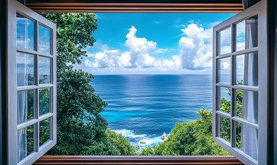 A picturesque view of the ocean framed by an open window, showcasing nature's beauty.