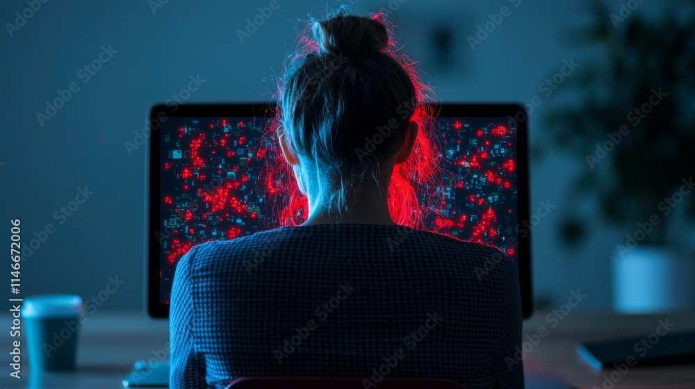 Aufkleber a person sits in front of a computer, illuminated by vibrant red and blue light, creating a striking