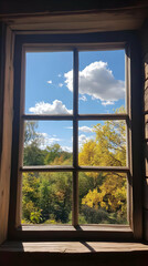 Fototapeta premium A serene view of colorful autumn foliage through a rustic window frame.