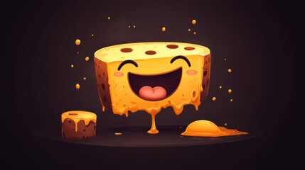 A cheerful, animated cheese block with a smiling face and dripping melted cheese.
