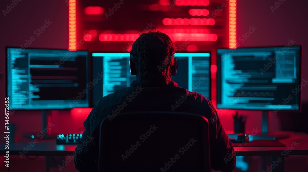 Poster a person wearing headphones sits in front of multiple glowing monitors, immersed in coding or data a