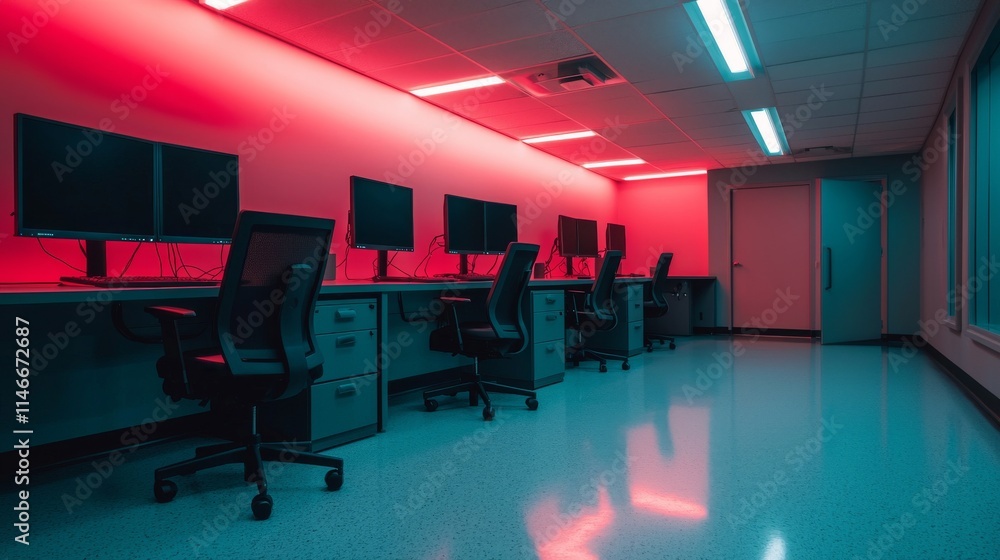 Poster a dimly lit office space featuring multiple computer workstations illuminated by red lighting, creat