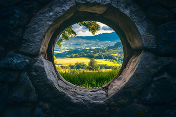 A scenic landscape viewed through a circular stone frame, highlighting nature's beauty.
