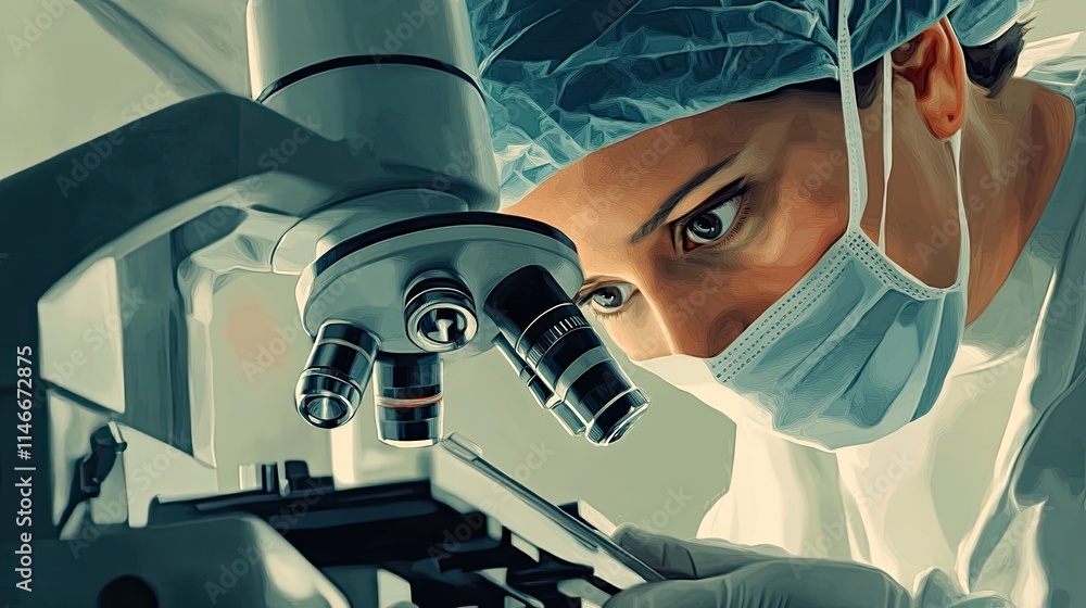Poster scientist using microscope in lab. (1)