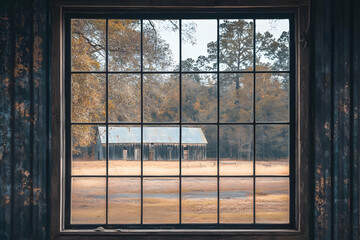 Fototapeta premium A view through a rustic window showcasing a weathered barn in a tranquil landscape.