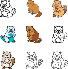 Obraz premium Funny Beaver Character in Different Actions Big Vector Set flat cartoon design illustration
