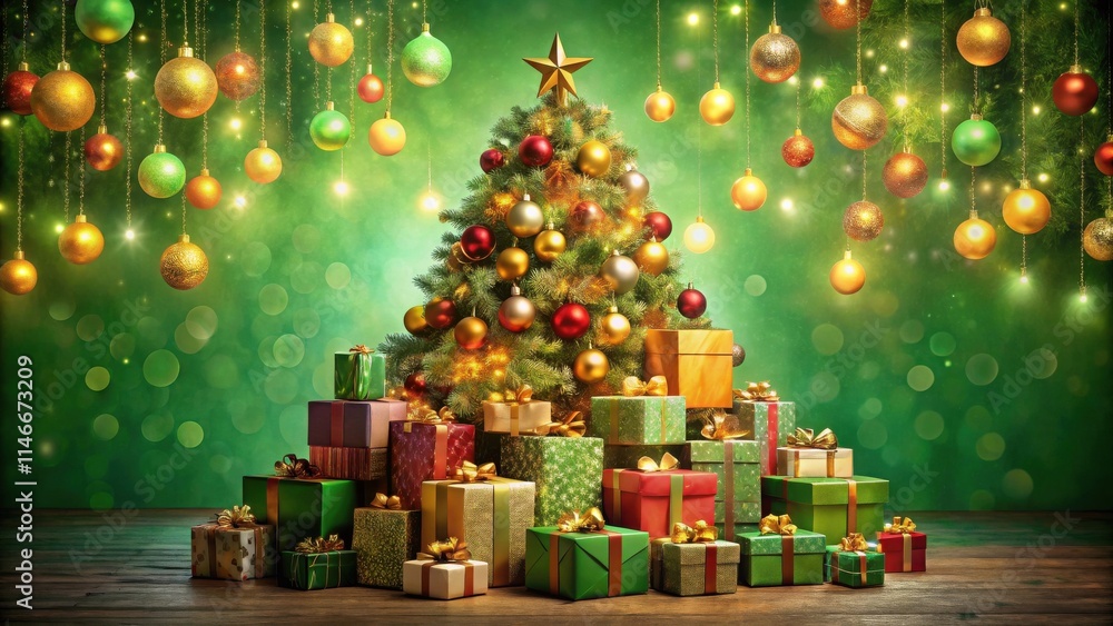 Poster a festive christmas tree adorned with ornaments and surrounded by presents against a sparkling green