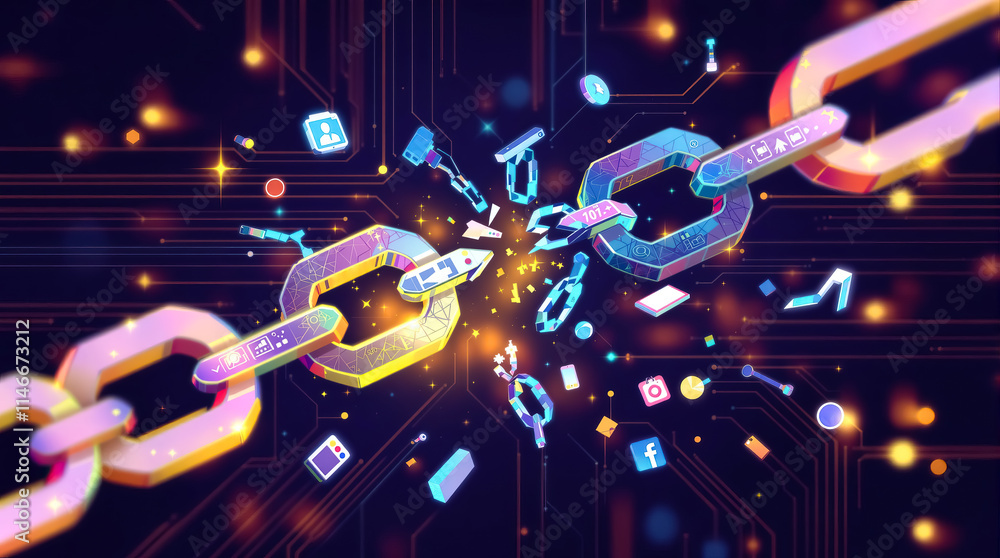 Poster blockchain digital broken chain links glowing futuristic technology data connection innovation netwo