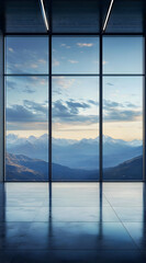 Fototapeta premium A modern interior with large windows showcasing a stunning mountain landscape at sunset.