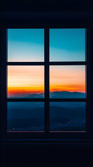 Fototapeta premium A serene sunset view framed by a window, showcasing mountains and colorful sky.