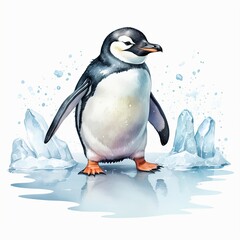 Fototapeta premium A charming watercolor painting of a penguin standing on a patch of ice, surrounded by melting ice shards. The penguin's fluffy feathers and the icy blue tones create a serene winter scene.