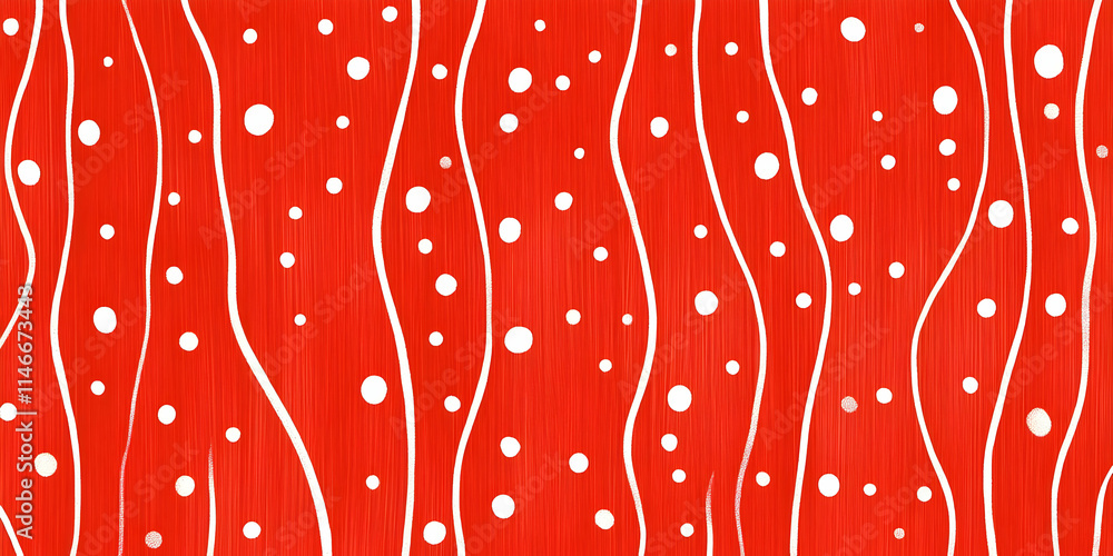 Wall mural abstract red pattern with white wavy lines and dots, suitable for backgrounds or designs.