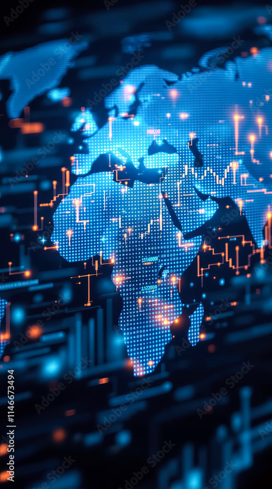 Aufkleber blue glowing world map digital futuristic abstract technology global network innovation cyber securi