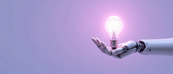 A robotic hand elegantly holds a glowing pink light bulb, symbolizing innovation and technology.