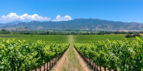 Fototapeta premium A picturesque vineyard stretches towards distant mountains under a bright blue sky, showcasing lush green grapevines in neat rows.