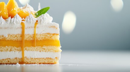 Close up of a Delicious Mango Cake Slice with Whipped Cream and a Mint Garnish