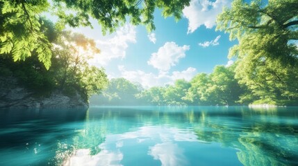 serene lakeside escape lush greenery tranquil waters sunny day n