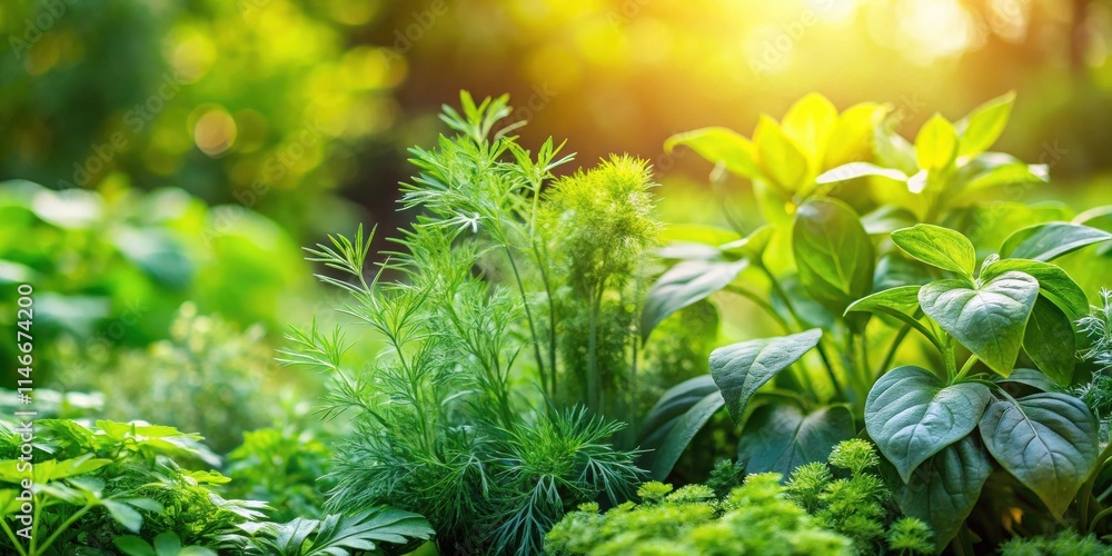 Poster a vibrant display of green foliage bathed in the warm glow of sunlight, creating a lush and tranquil