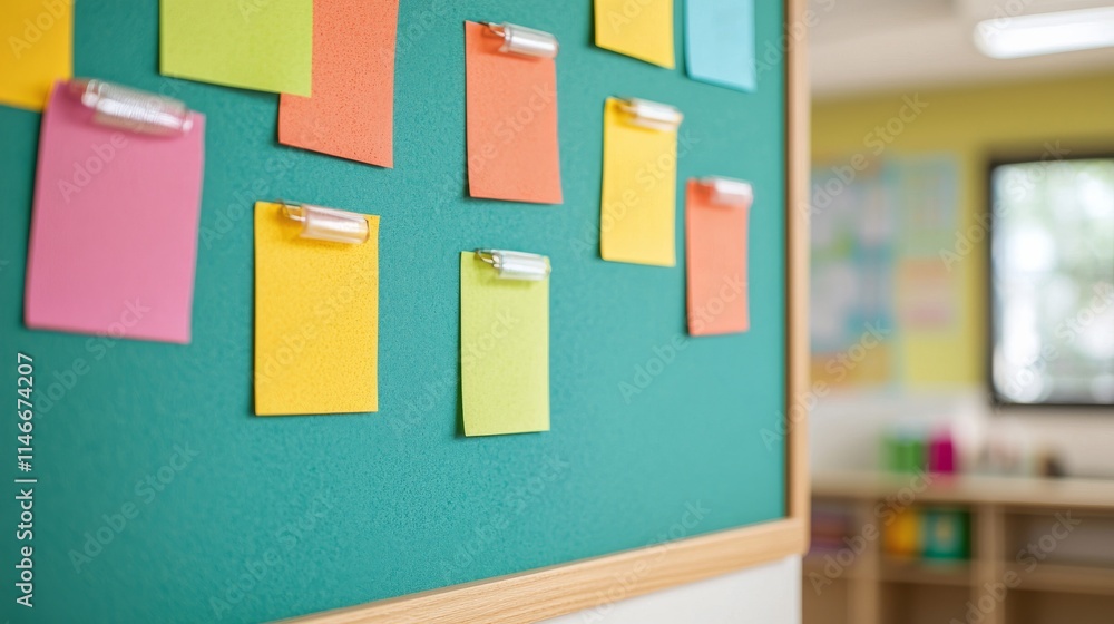 Poster a vibrant display of colorful sticky notes on a green bulletin board, set in a bright classroom envi
