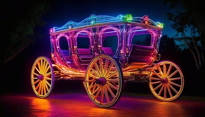 A glowing neon carriage shines brightly with colorful designs against a dark backdrop