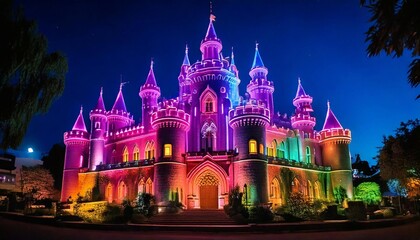 Fototapeta premium A dazzling castle shines with vibrant neon lights, creating a magical night scene