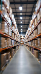 Fototapeta premium blurred warehouse aisle industrial logistic storage organization clean modern infrastructure supply chain operational efficiency systematic arrangement streamlined productivity