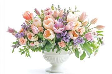 Elegant mixed pastel colored spring bouquet in white vase on white background. Spring flowers. Tulips bouquet. 