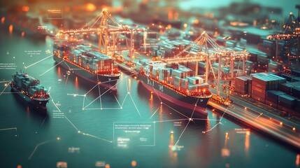 Futuristic port with container ships and digital overlays, showcasing smart shipping, global trade, and advanced logistics technology.