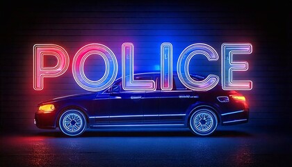 A police car shines with blue and pink lights, spotlighting POLICE in a city setting