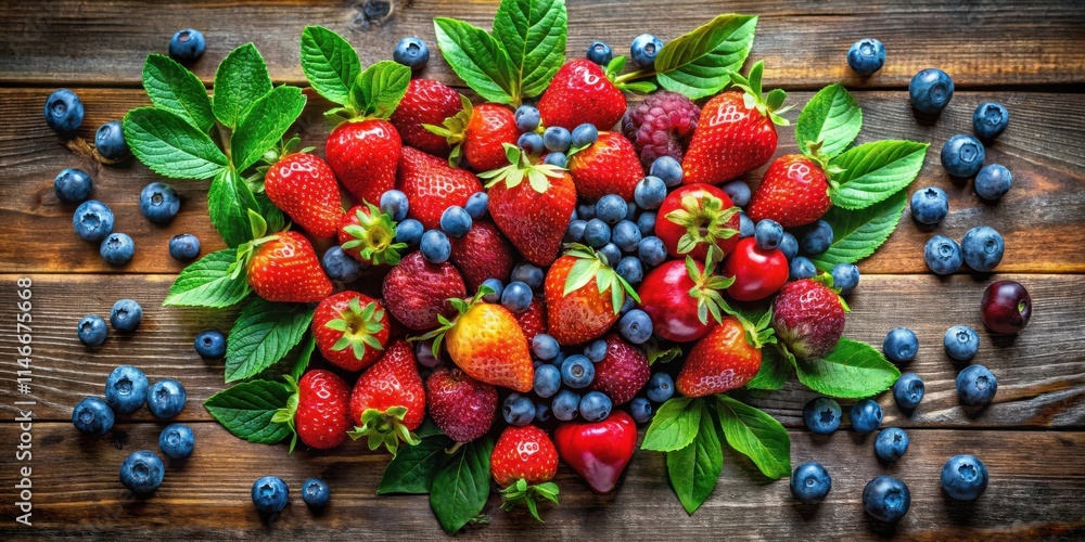 Poster a vibrant mix of fresh red strawberries and plump blueberries arranged on a rustic wooden surface, c