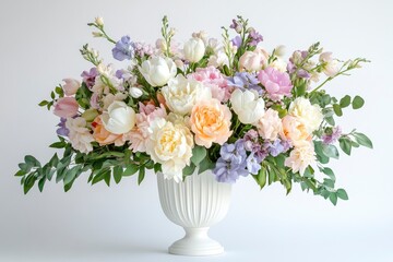 Elegant mixed pastel colored spring bouquet in white vase on white background. Spring flowers. Tulips bouquet. 