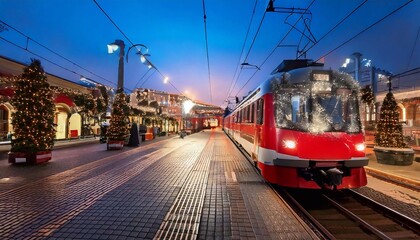 A vibrant Christmas train arrives at a beautifully lit station adorned with festive decorations