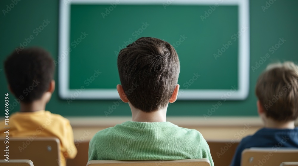 Poster a classroom scene showing three children from behind, focused on a chalkboard, highlighting a learni