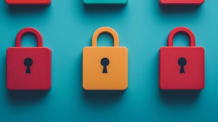 Fototapeta premium Colorful padlocks arranged on a blue background, symbolizing security and protection, with varying shapes and sizes.
