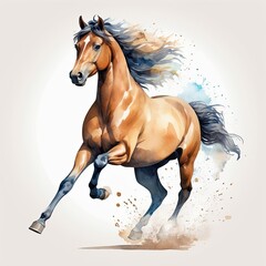 Naklejka premium A majestic chestnut horse with a flowing mane gallops across a watercolor-esque background, its powerful movement captured in a stunning display of artistry.