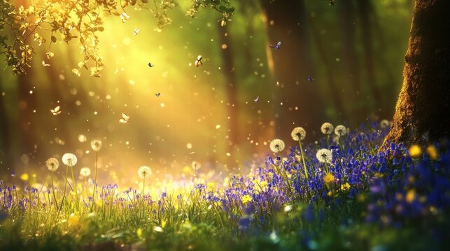 Fototapeta magical spring forest scene with dandelions and bluebells