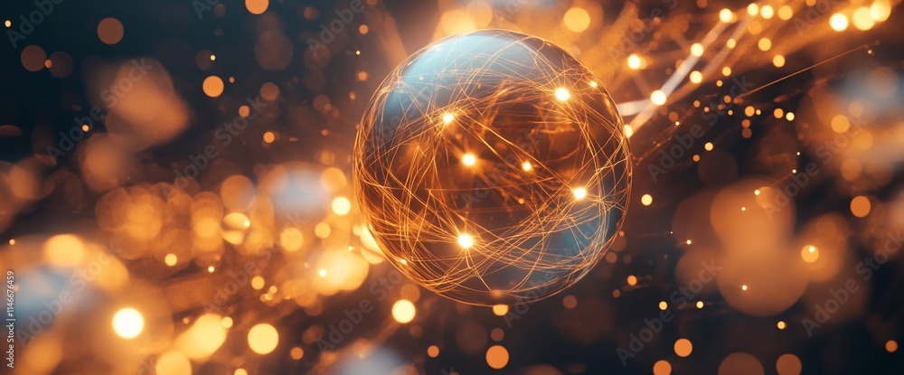 Poster a glowing sphere surrounded by dynamic lines and particles, symbolizing energy.