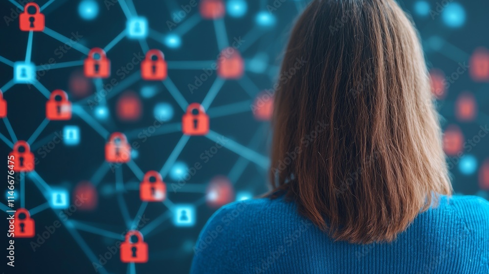 Poster a person looks at a digital network of interconnected nodes, with prominent lock icons symbolizing c